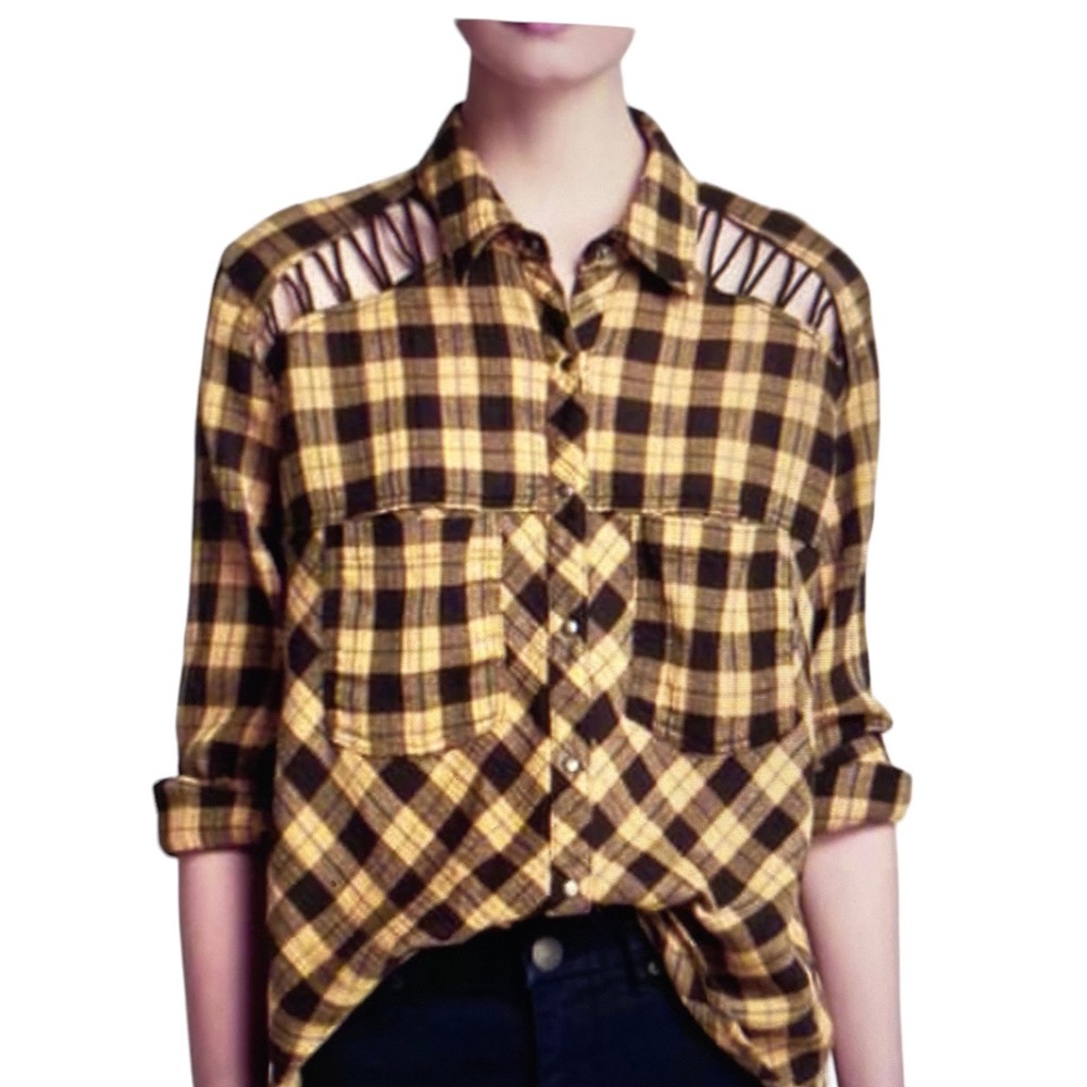 Free People Plaid Shirt Blouse Excellent Condition Cut Out Shoulders